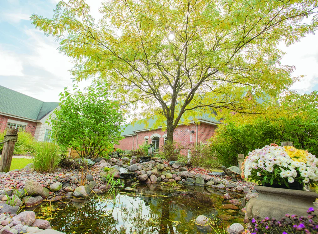 close-up of small pond, stones, and floral landscaping at Newcastle Place Senior Living Community