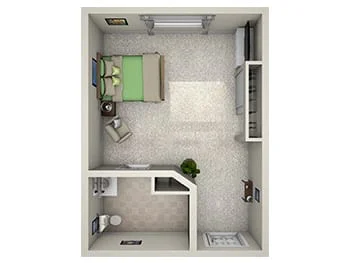3D rendering of the Memory Care Right Door Studio floor plan at Newcastle Place Senior Living Community