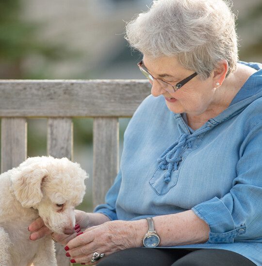 happy senior woman in blue shirt pets her small dog while seated on an outdoor bench at Newcastle Place