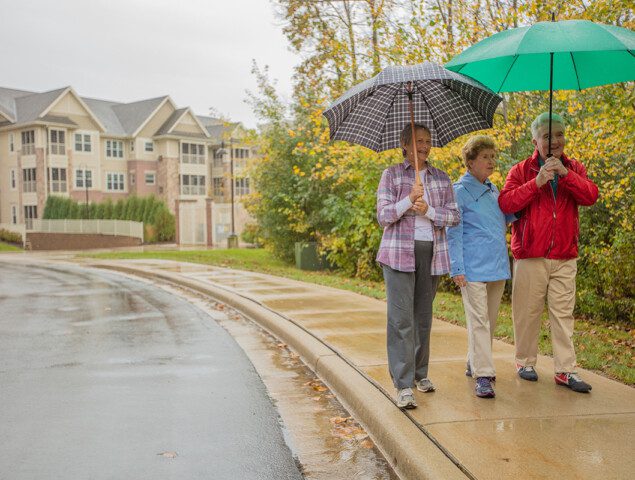 three senior friends in light jackets stroll along a sidewalk in the rain, covered by umbrellas