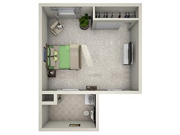 3D rendering of the Memory Care Corner Suite Studio floor plan at Newcastle Place Senior Living Community
