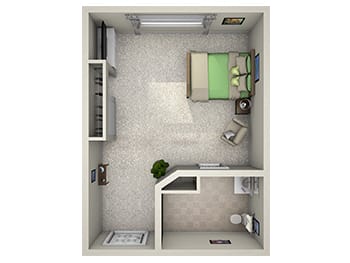 3D rendering of the Memory Care Left Door Studio floor plan at Newcastle Place Senior Living Community
